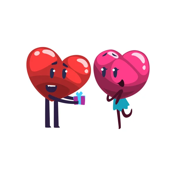 Dając pudełko różowy serce, śmieszne para w miłości znaki czerwone serce. Happy Valentines Day koncepcja kreskówka wektor ilustracja — Wektor stockowy