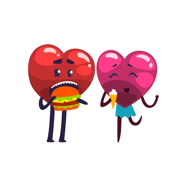 Znaków ładny czerwony i różowy serca razem, jedzenie śmieszne para zakochanych. Happy Valentines Day koncepcja kreskówka wektor ilustracja — Wektor stockowy