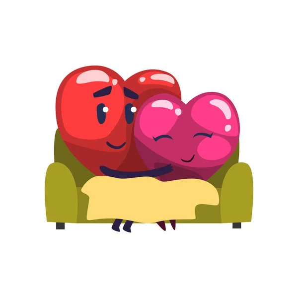 Karakter lucu hati merah dan merah muda merangkul sambil duduk di sofa, pasangan lucu jatuh cinta. Happy Valentines Hari konsep kartun vektor Ilustrasi - Stok Vektor