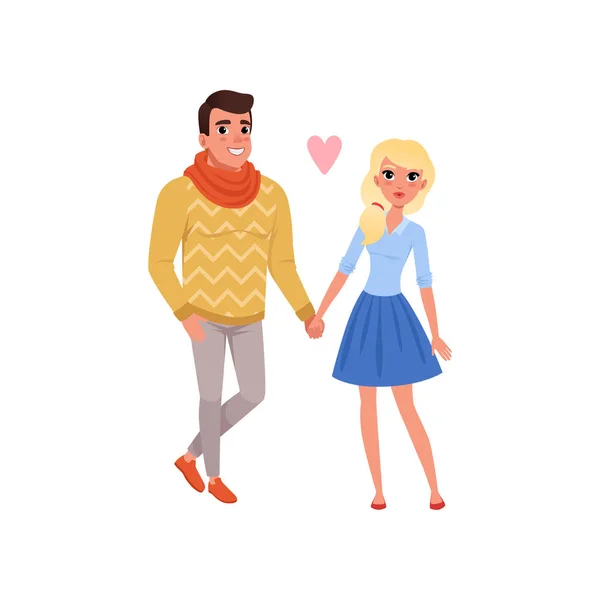 Jeune homme et blonde belle femme personnages tenant la main, heureux couple romantique en amour dessin animé vecteur Illustration — Image vectorielle