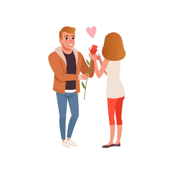 Pojkvän som ger ros blomma till sin flickvän, glad romantisk älskande par på datum tecknade vektor Illustration — Stock vektor