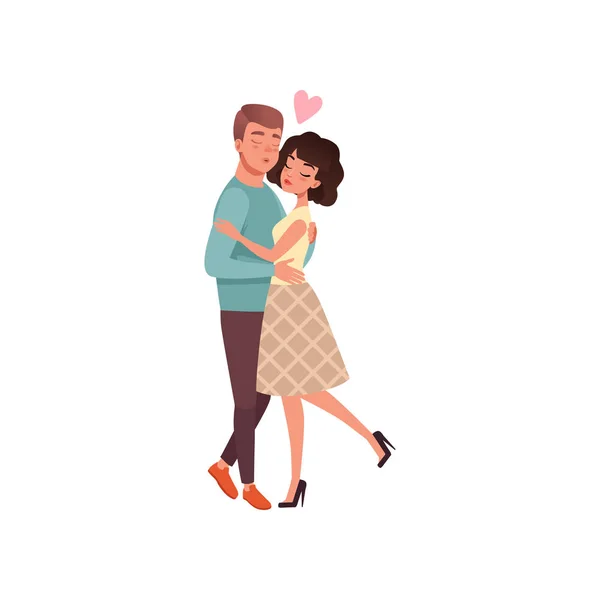 Young man and woman characters in love hugging and kissing, happy romantic loving couple cartoon vector Illustration — Stock Vector