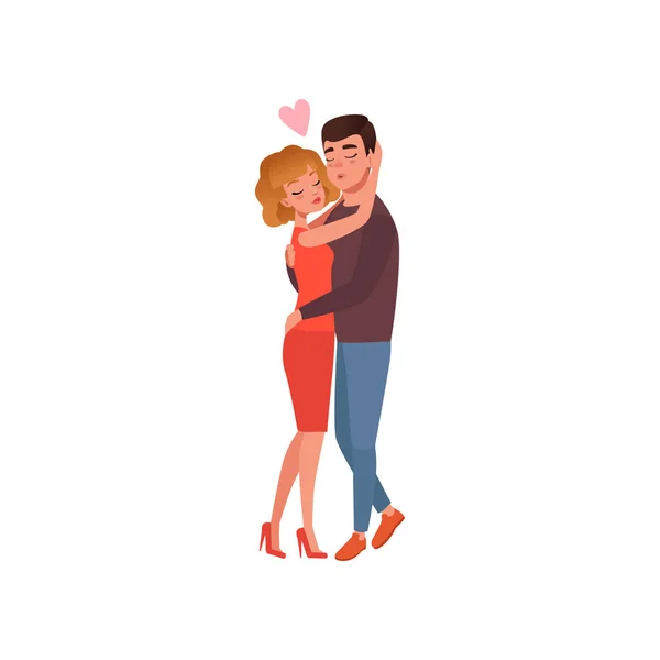 年轻男女人物在爱拥抱, 快乐浪漫情侣卡通矢量插画 — 图库矢量图片