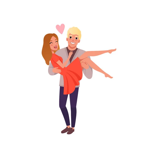 Jonge man die vrouw op handen, gelukkig romantische verliefde paar op datum beeldverhaal vector illustratie — Stockvector