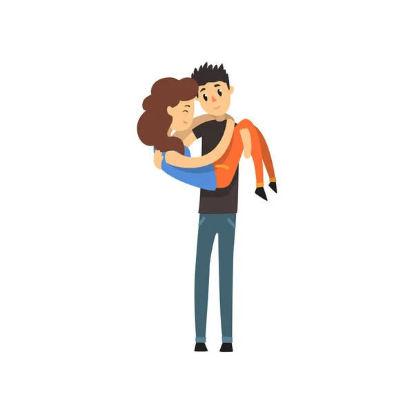 Giovane uomo e donna personaggi che trasportano donna sulle mani, coppia romantica in amore vettore cartone animato Illustrazione — Vettoriale Stock