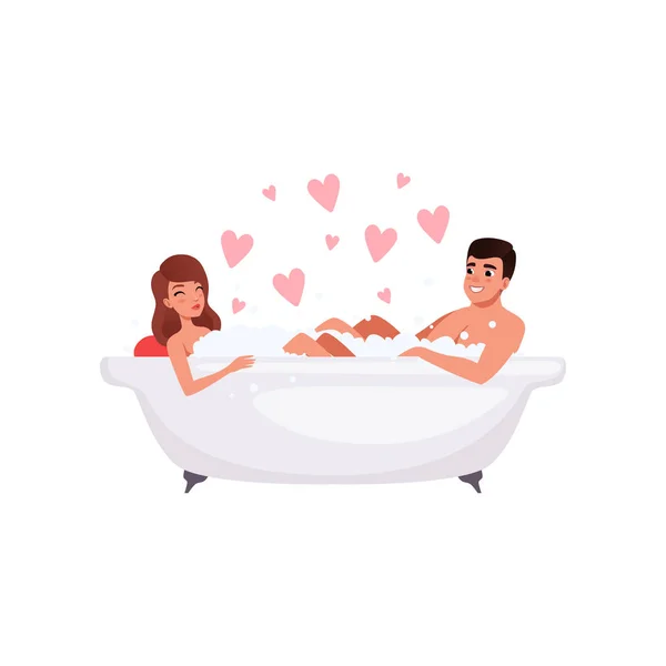 Young man and woman characters in a bathrub taking bubbled bath, happy romantic couple in love cartoon vector Illustration — Stock Vector