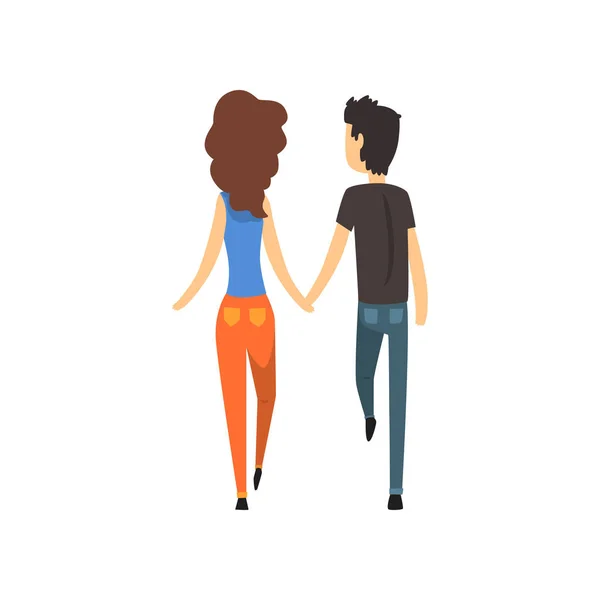 Young man and woman characters walking holding hands, back view, happy romantic couple in love cartoon vector Illustration — Stock Vector