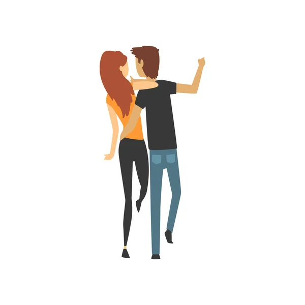 Jonge man en vrouw tekens lopen samen knuffelen, terug kijk, vector gelukkige romantisch paar in liefde cartoon illustratie — Stockvector