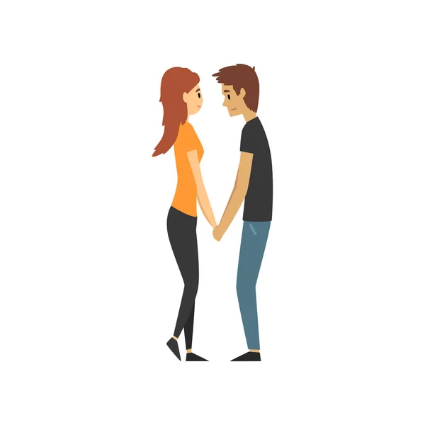 Jonge man en vrouw tekens hand in hand, kijken naar elkaar, cartoon gelukkig romantische verliefde paar vector illustratie — Stockvector