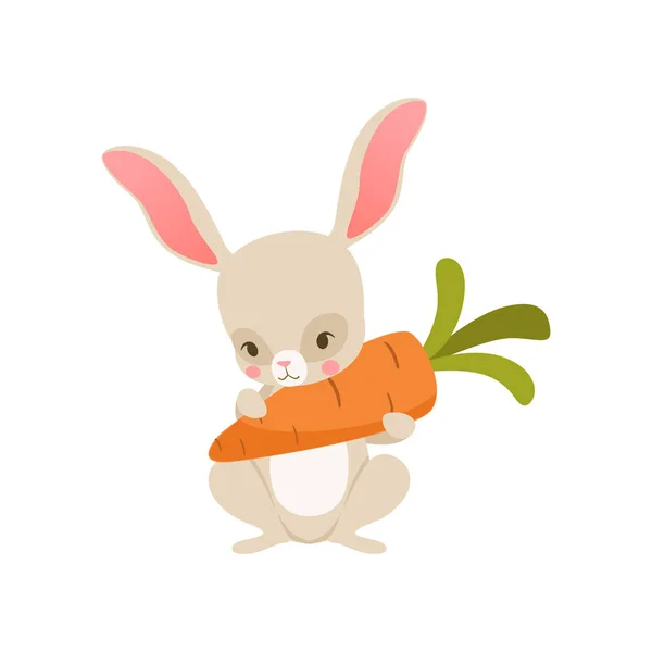 Niedlichen cartoon bunny nolding Karotte, lustige Kaninchen Charakter, fröhliche Ostern Konzept Cartoon Vektor Illustration — Stockvektor