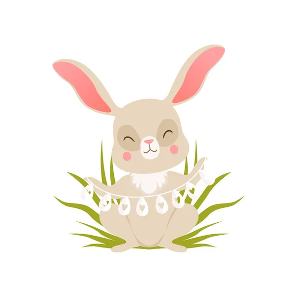 Cute cartoon bunny in beads made from eggs sitting on the grass, funny rabbit character, Happy Easter concept cartoon vector Illustration — Stock Vector