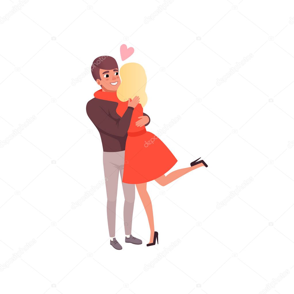 Young man and woman characters in love hugging, happy romantic loving couple on date cartoon vector Illustration
