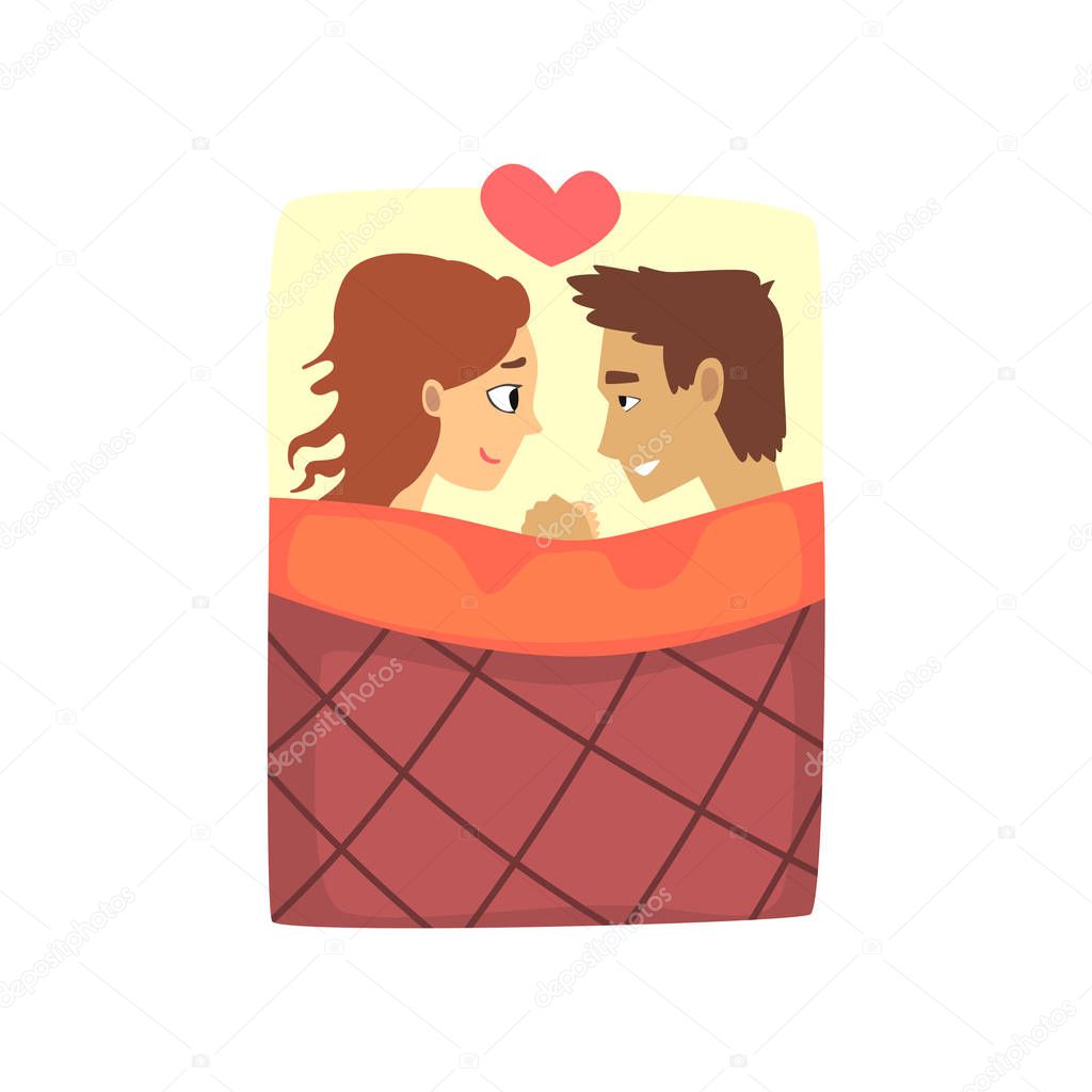 Young man and woman characters lying on the bed looking to each other, happy romantic couple in love cartoon vector