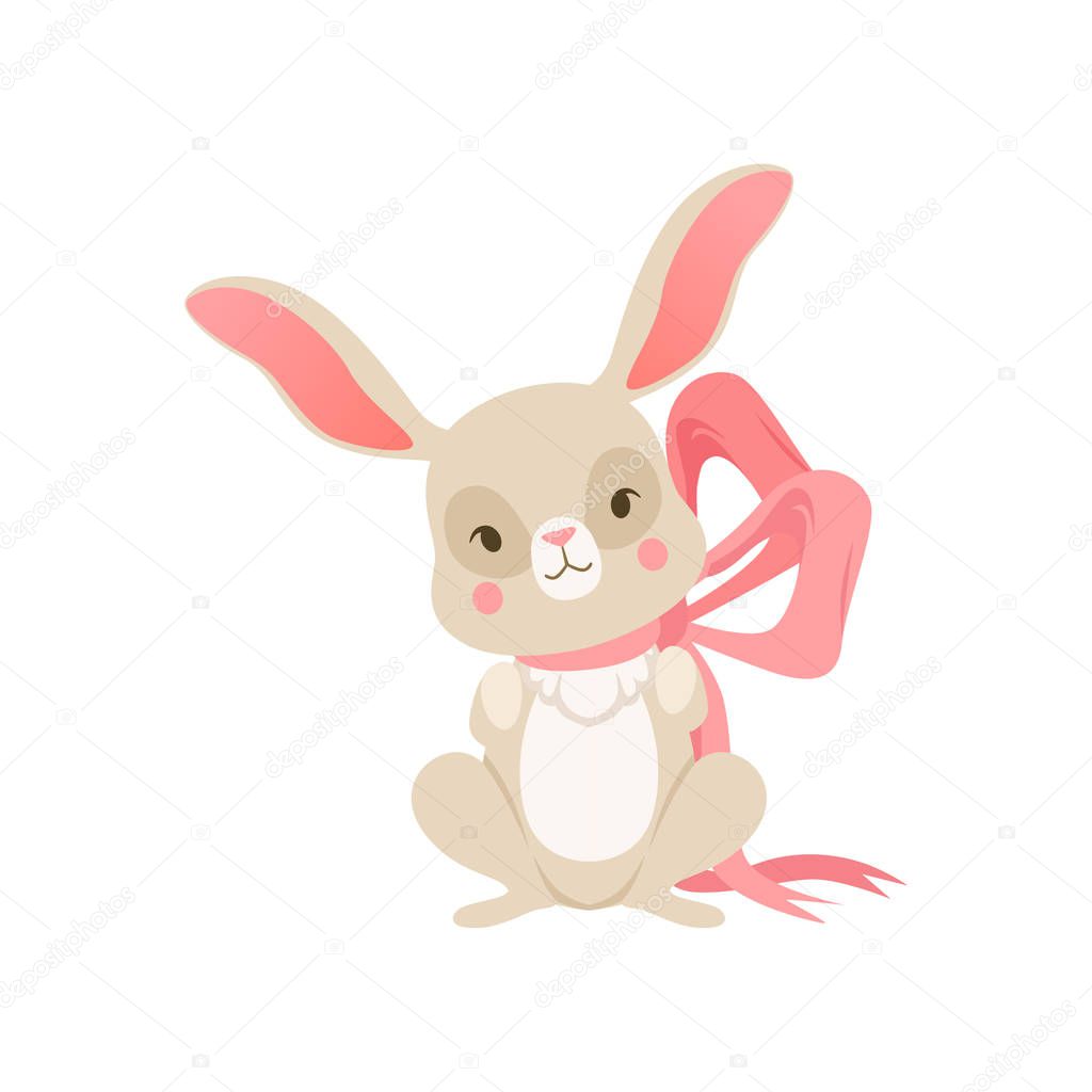 Cute cartoon bunny with pink bow, funny rabbit character, Happy Easter concept cartoon vector Illustration