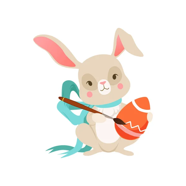 Cute cartoon bunny with blue bow with egg, funny rabbit character, Happy Easter concept cartoon vector Illustration — Stock Vector