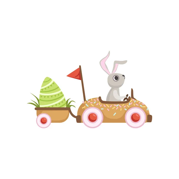 Cute pouco coelho carro de condução com ovo verde, personagem coelho engraçado, conceito de Páscoa feliz desenho animado vetor Ilustração — Vetor de Stock