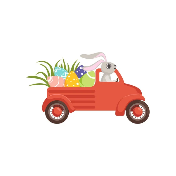 Bonito pequeno coelho dirigindo caminhão vintage com ovos coloridos, personagem coelho engraçado, conceito de Páscoa feliz desenho animado vetor Ilustração — Vetor de Stock