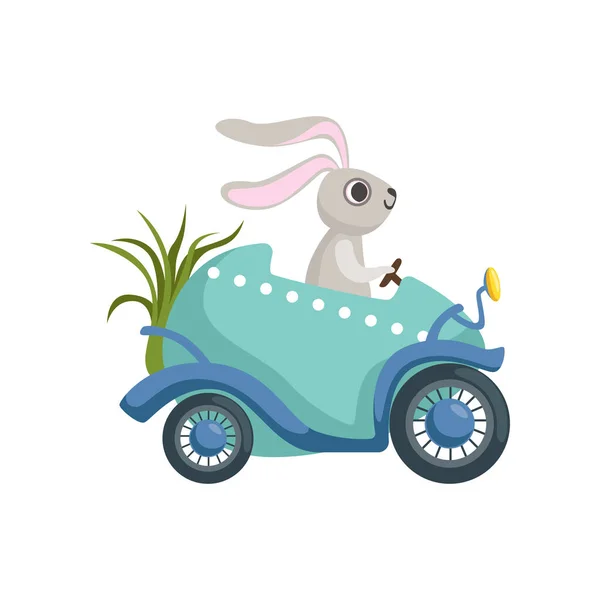 Cute little bunny driving Easter blue car egg, funny rabbit character, Happy Easter concept cartoon vector Illustration — Stock Vector