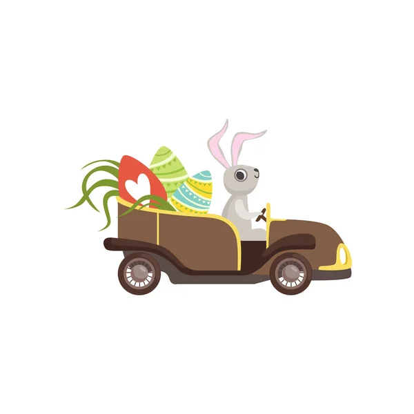 Cute coelho condução carro vintage decorado com ovos de Páscoa, personagem coelho engraçado, conceito de Páscoa feliz desenho animado vetor Ilustração — Vetor de Stock