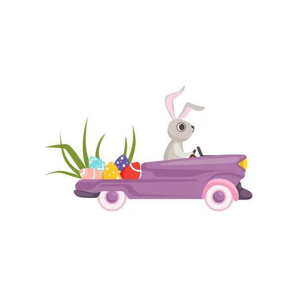 Bonito coelho condução violeta carro vintage decorado com ovos de Páscoa, personagem coelho engraçado, conceito de Páscoa feliz desenho animado vetor Ilustração — Vetor de Stock