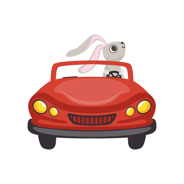 Bonito coelhinho dirigindo carro vermelho vintage, personagem coelho engraçado, conceito de Páscoa feliz desenho animado vetor Ilustração — Vetor de Stock