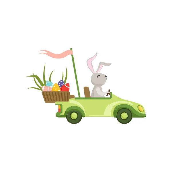 Cute bunny driving green vintage car with Easter eggs basket, funny rabbit character, Happy Easter concept cartoon vector Illustration — Stock Vector