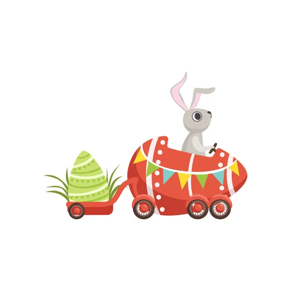 Bonito coelhinho dirigindo ovo de carro vermelho de Páscoa, personagem coelho engraçado, conceito de Páscoa feliz desenho animado vetor Ilustração — Vetor de Stock