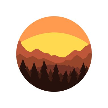 Silhouette çam ormanı, dağ sırtı ve güzel bir akşam gökyüzü ile minimalist yuvarlak simge. Gün batımı ile doğal sahne. Poster için düz vektör tasarımı