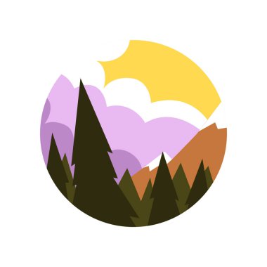 Vektör doğal peyzaj düz tarzı. Yeşil çam ormanı, dağlar karlı zirveleri ve kabarık mor-beyaz bulutlar. Kartpostal için geometrik yuvarlak şekilli tasarım