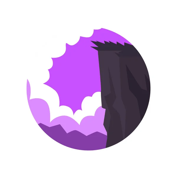 Paisaje natural con alto acantilado de montaña de roca y nubes esponjosas de color púrpura-blanco. emblema de forma redonda con el paisaje de la naturaleza para el logotipo o la etiqueta. Dibujos animados plano vector de diseño — Archivo Imágenes Vectoriales