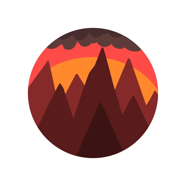 Геометрична кругла емблема ландшафту з вершинами гір, заходу сонця і темної хмари. Прекрасне червоне вечірнє небо. Векторні природні пейзажі — стоковий вектор