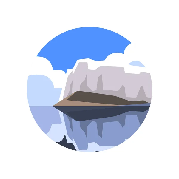 Kulaté ikony Severní krajiny s obří ledovec, mořem, bílé mraky a modrá obloha na pozadí. Přírodní prostředí. Plochá vektorový design pro ekologii firemní logo — Stockový vektor