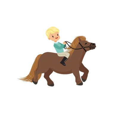 Neşeli sarışın küçük çocuk sürme midilli at, vektör çizim çocuk atlı spor