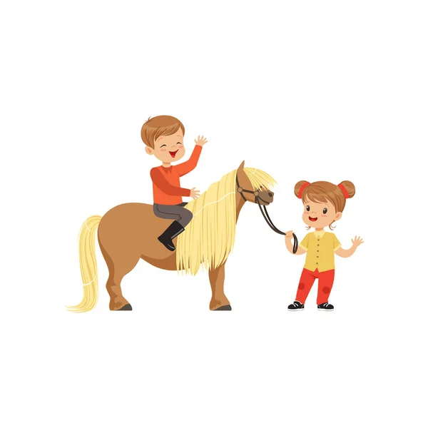 Cute little boy jockey sitting on pony horse, beautiful girl leading horse by the bridle, childrens equestrian sport vector Illustration — Stock Vector