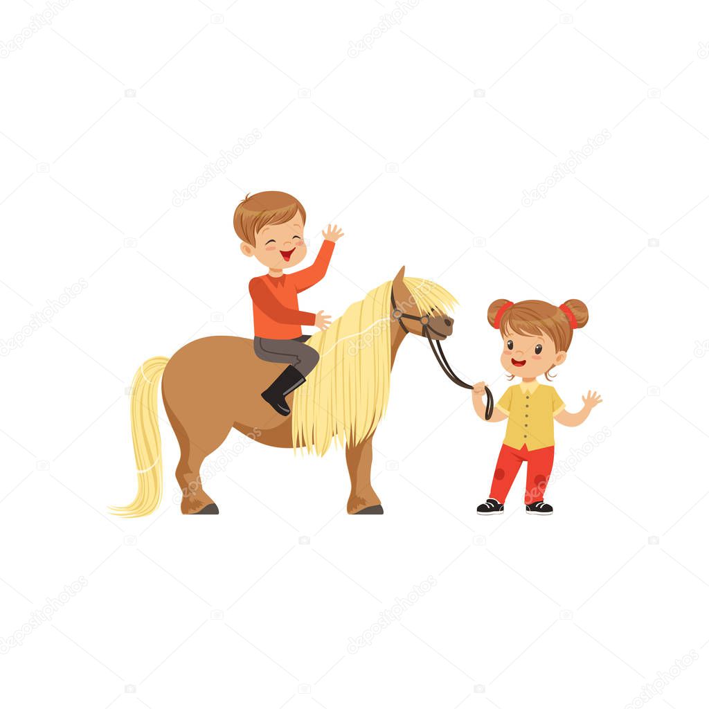 Cute little boy jockey sitting on pony horse, beautiful girl leading horse by the bridle, childrens equestrian sport vector Illustration