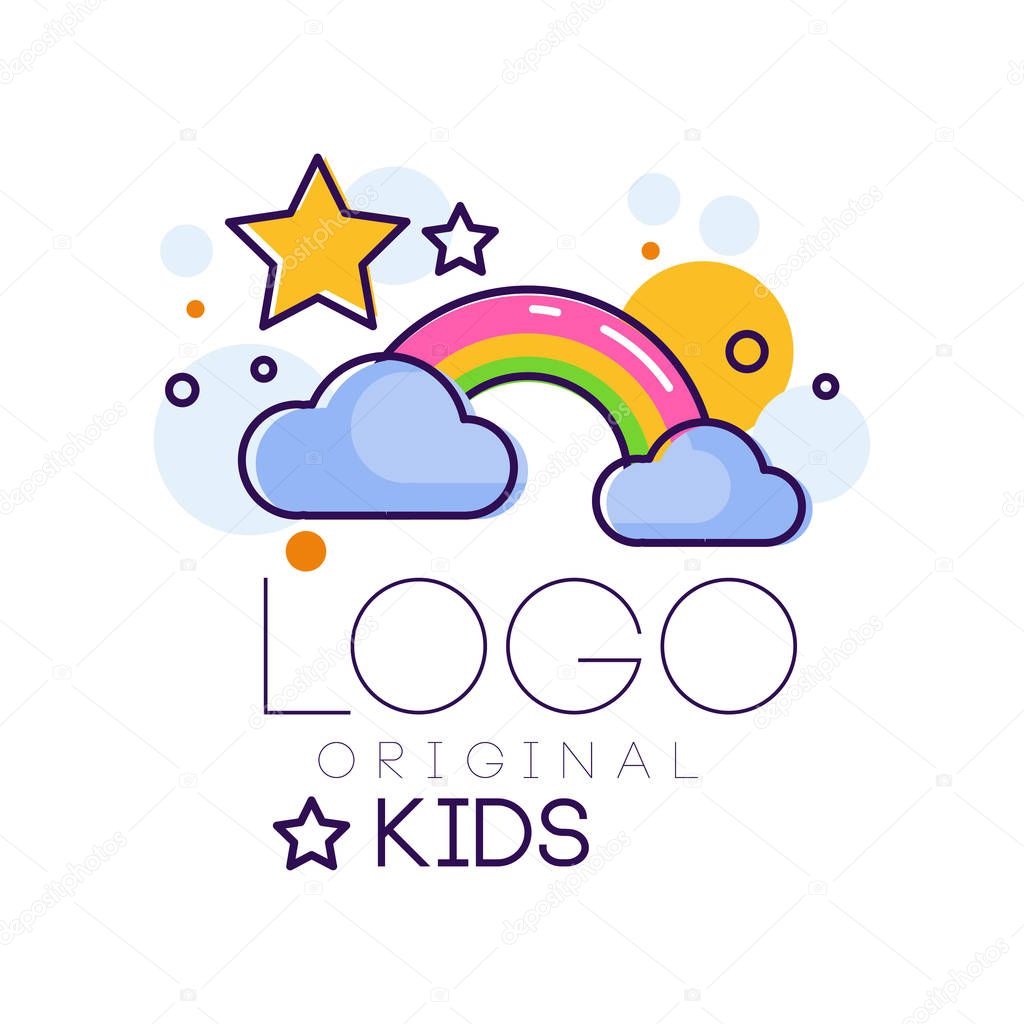 Logo kids creative concept template, design element with rainbow stars and clouds colorful hand drawn vector Illustration isolated on a white background.