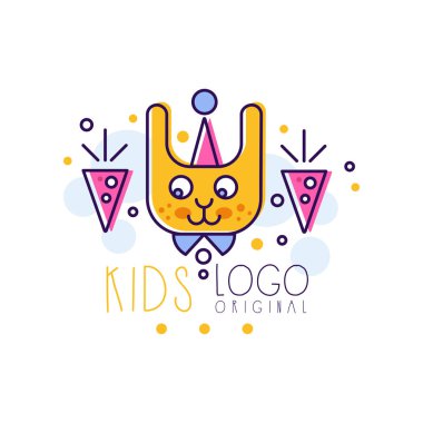 Çocuklar logo orijinal, yaratıcı kavramı şablon, tasarım öğesi şirin komik hayvan el çizilmiş vektör illüstrasyon izole üzerinde beyaz bir arka plan ile