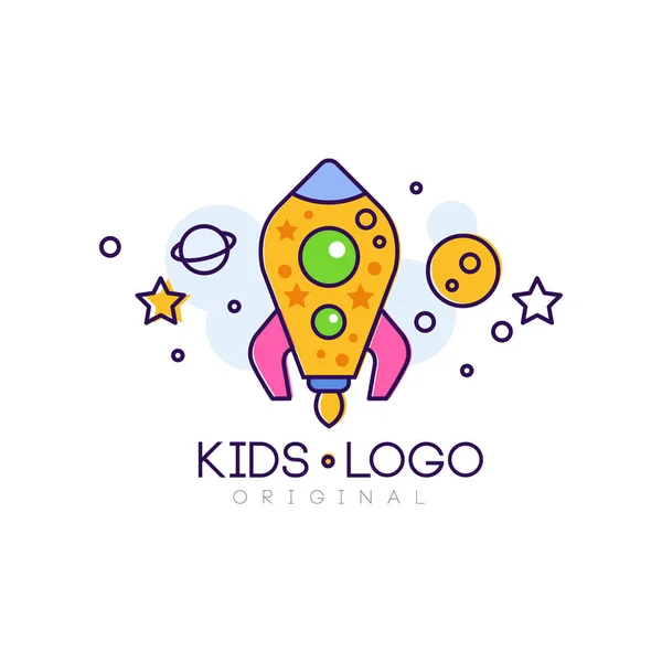 Logo per bambini originale, modello di concetto creativo, elemento di design con razzo, vettore disegnato a mano Illustrazione isolata su sfondo bianco — Vettoriale Stock