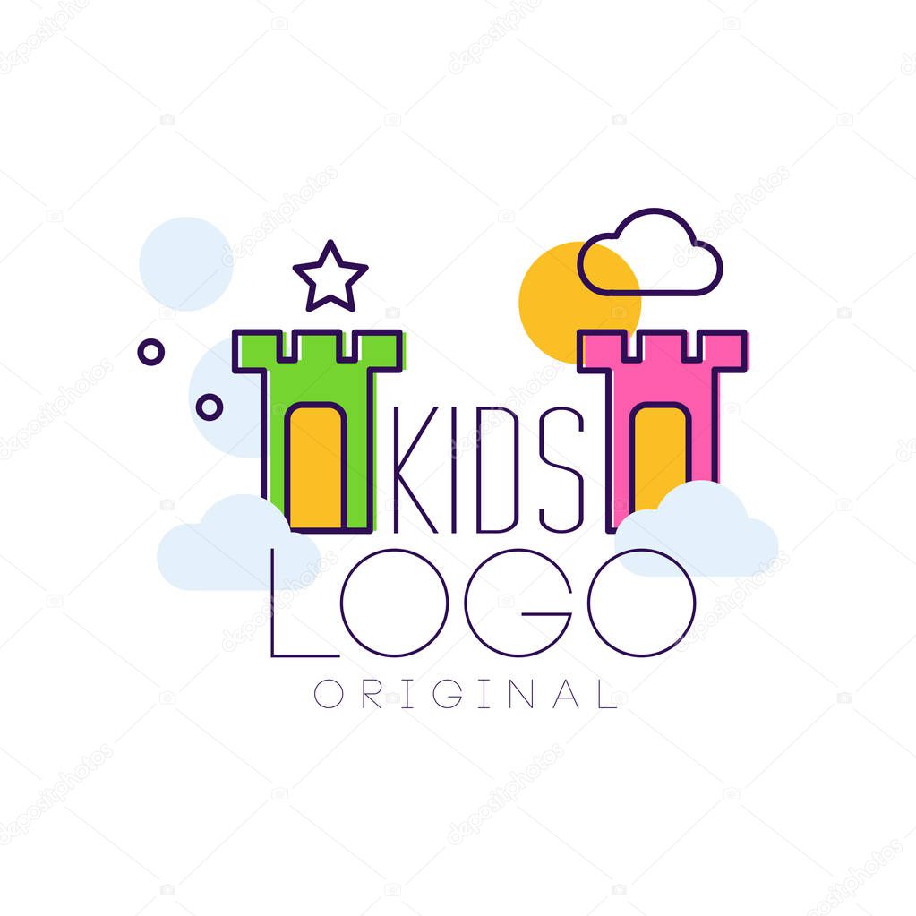 Kids logo original, creative concept template colorful hand drawn vector Illustration isolated on a white background.