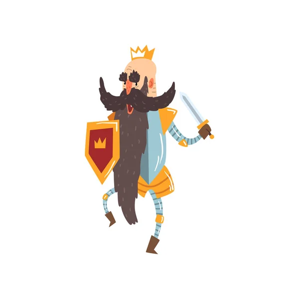 Personnage roi chauve drôle tenant épée et bouclier vecteur de dessin animé Illustration — Image vectorielle