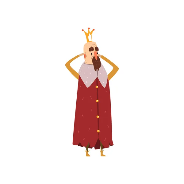 Divertente personaggio re barbuto in mantello rosso che tiene la testa vettore cartone animato Illustrazione — Vettoriale Stock