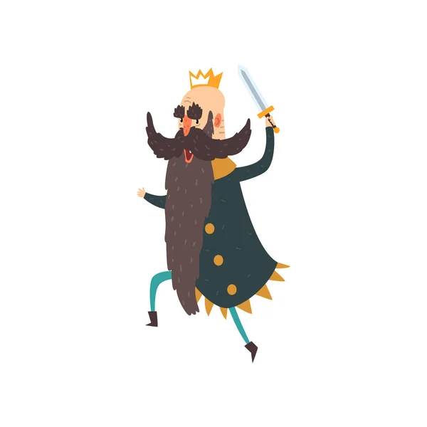 Grappige koning karakter uitgevoerd met zwaard cartoon vector illustratie — Stockvector