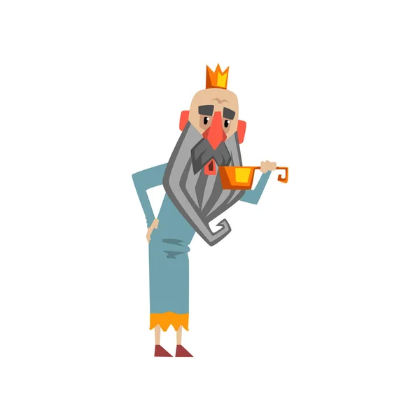 Grappige koning karakter drinkwater uit gouden emmer cartoon vector illustratie — Stockvector
