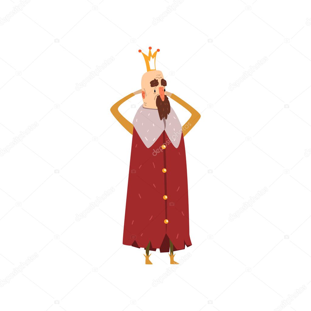 Funny bearded king character in red mantle holding his head cartoon vector Illustration