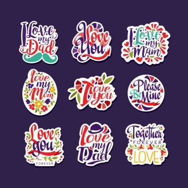 Aşk hakkında yazıtlar ayarla, tebrik kartı, davet, el ilanı için tasarım öğeleri. Annelerin, anne ya da Sevgililer günü vektör çizim için tatil poster şablonu