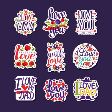 Aşk hakkında yazıtlar ayarla, tebrik kartı, davet, el ilanı için tasarım şablonları. Annelerin, anne ya da Sevgililer günü vektör çizim için tatil poster şablonu