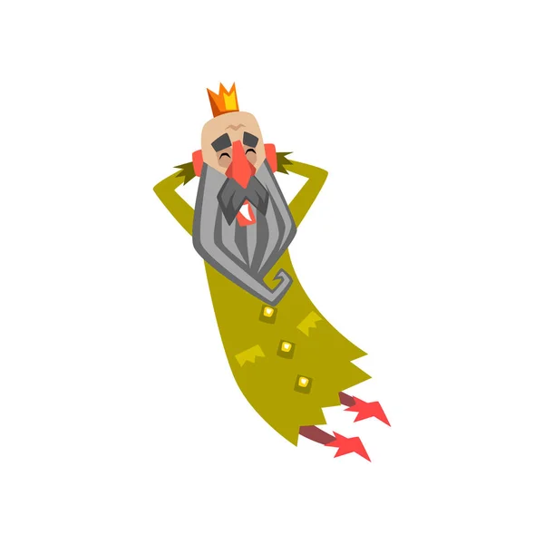Grappige koning karakter in groene mantel met gesloten ogen, koning dromen cartoon vector illustratie — Stockvector