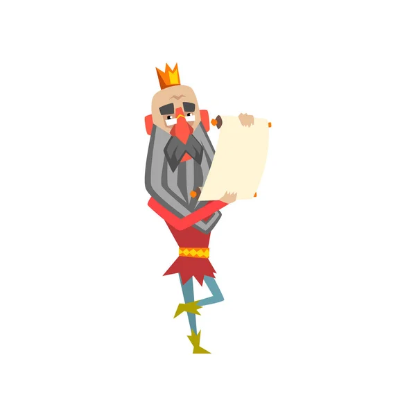 Divertente personaggio re in possesso di rotolo di carta, re facendo un annuncio vettore del fumetto Illustrazione — Vettoriale Stock