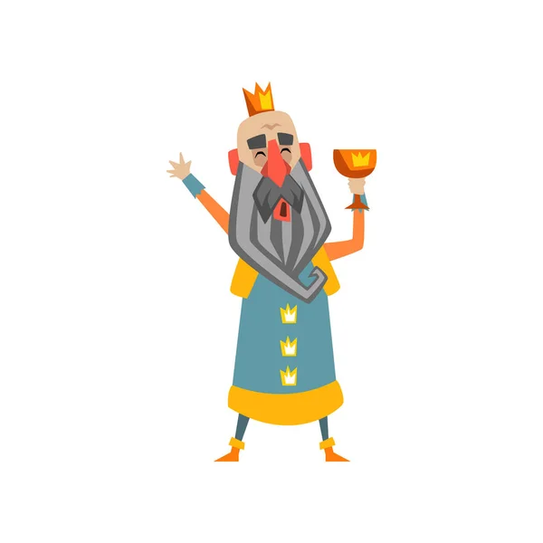 Komik kel Kral karakter ile Altın Kupa onun el karikatür vektör çizim — Stok Vektör