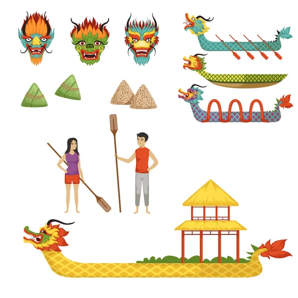 Dragon Boat Festival conjunto de ilustrações vetoriais em um fundo branco — Vetor de Stock